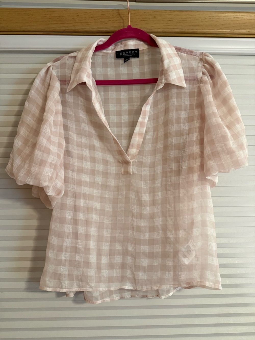 Laundry by Shelli Segal Sheer Pink Plaid Puff Sleeve Blouse Sz XL